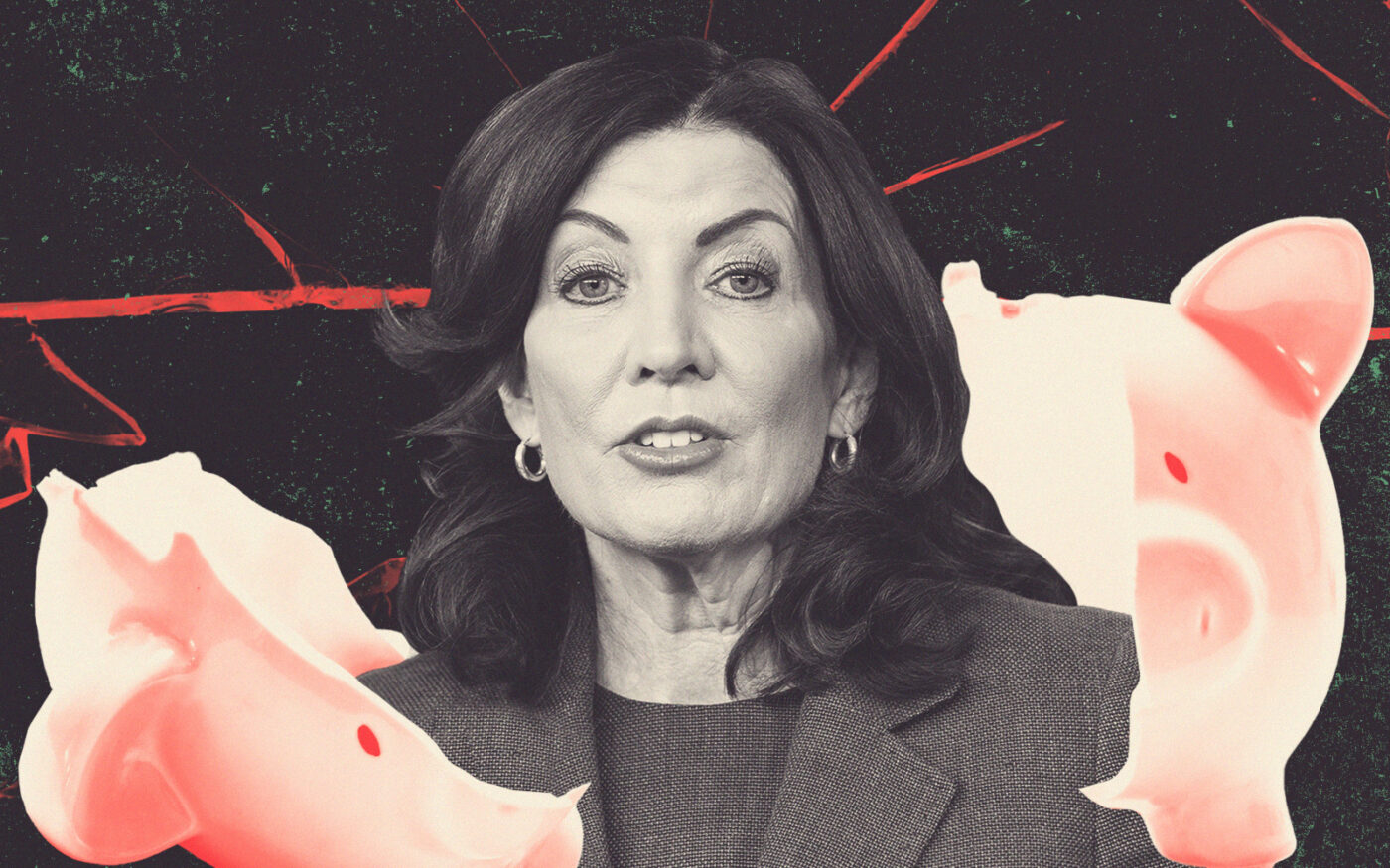 Governor Kathy Hochul; broken piggy bank